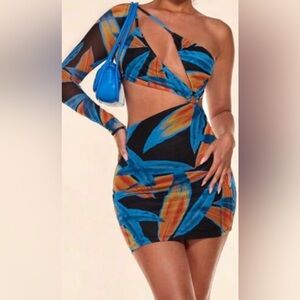 SHEIN BAE Allover Print One Shoulder Cut
Out Waist Bodycon Dress